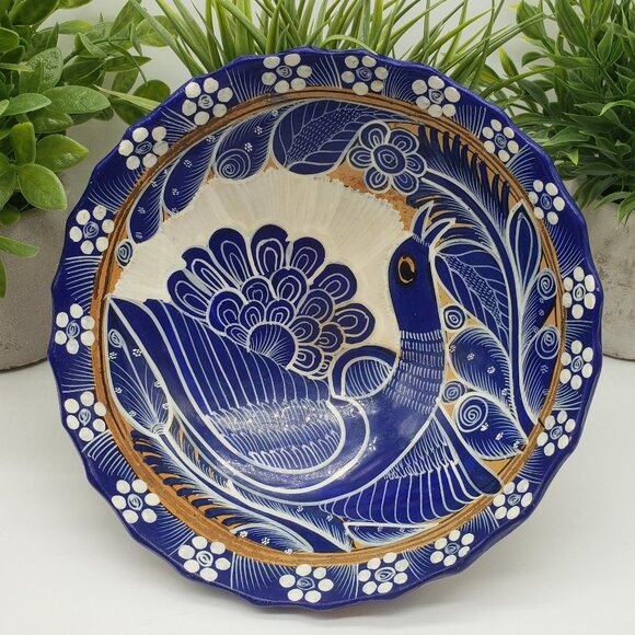 Vintage Hand Painted Mexican Talavera Blue Bird Art Pottery Dish 7.5" - Picture 2 of 8